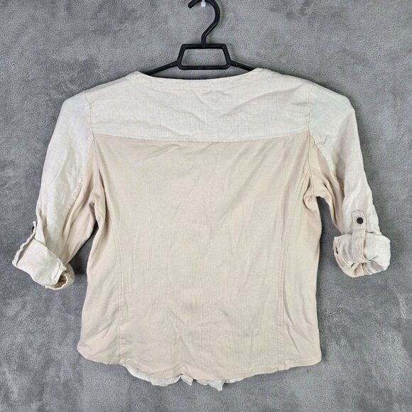 Womens JM Collection Beige Linen Blend Shirt Button Up Roll Tab Sleeve V Neck 8 - Picture 4 of 7